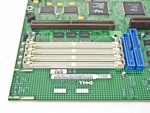 Dell 99795 motherboard close-up of SIMM memory slots and blue PCI slot area with Dell label