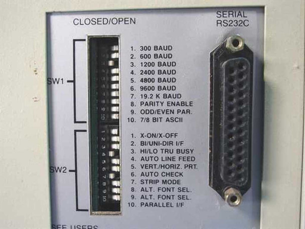 DH Print 546 Cypher IV thermal label printer – rear DIP switch panel close-up showing SW1 baud rate settings and SW2 interface options with RS-232C port