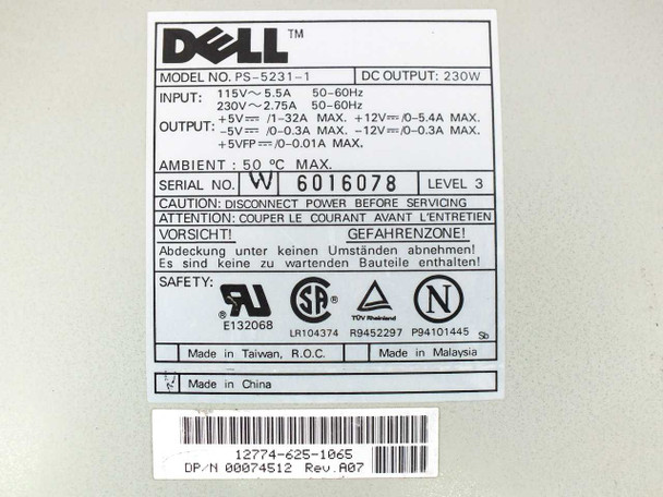 Dell PS-5231-1 spec label showing 230W output, input voltage, serial number W6016078, and Dell part number 00074512 Rev A07