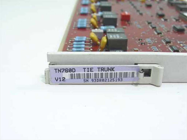 TN760D label closeup on card faceplate reading 'TN760D TIE TRUNK V12' with barcode and serial number