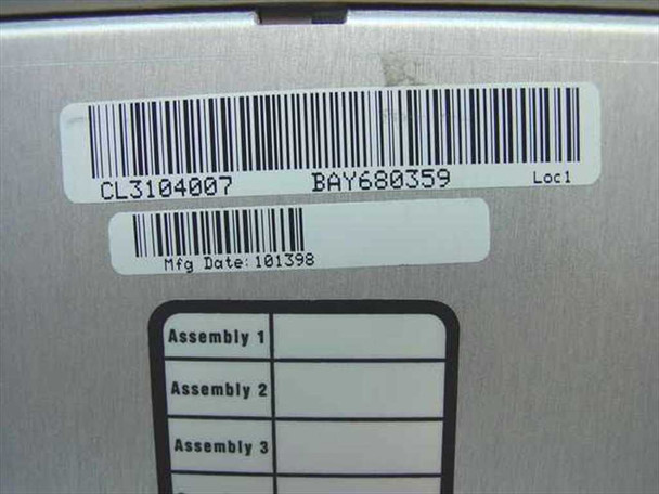 Nortel Bay Networks 5625 CL3104007 label closeup showing part number CL3104007, barcode BAY680359, and Mfg Date 101398