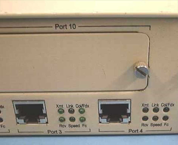 NBase NH 2012 front panel — Ports 3 and 4 RJ-45 with per-port LED indicators; Port 10 expansion slot above with captive screw