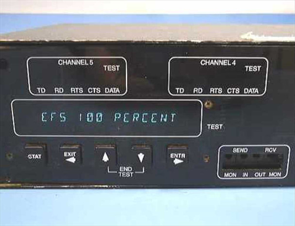 Digital Link DL100 front panel close-up showing Channel 4 and Channel 5 indicators, LCD display reading EFS 100 PERCENT, STAT EXIT and ENTR buttons, and SEND/RCV monitor port