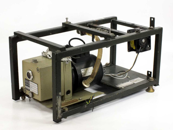 Pfeiffer Duo 1.5A rotary vane vacuum pump in steel frame enclosure – front-left angle view showing AEG motor and pump body