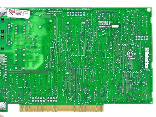 US Robotics Sportster 28800 ISA modem card — PCB solder-side showing ISA edge connector, FCC ID label, and US Robotics logo