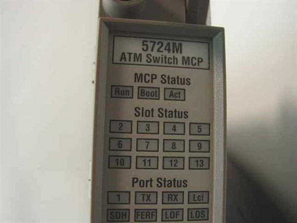 Bay Networks 5724M ATM Switch MCP faceplate close-up showing MCP Status (Run/Boot/Act), Slot Status (2–13), and Port Status (TX/RX/LCL/SDH/FERF/LOF/LOS) LED indicators