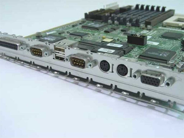 HP D3830-6004 Vectra system board rear I/O bracket showing two DB9 serial ports, parallel port, PS/2 keyboard and mouse ports, VGA port, and USB port