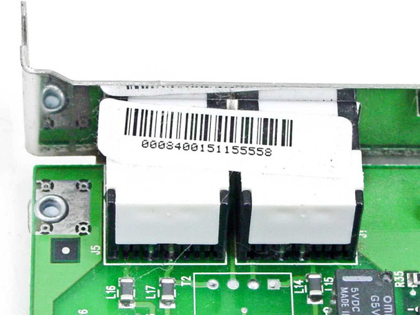 US Robotics Sportster 00084001 — close-up of dual RJ-11 phone/line ports on the bracket with barcode label showing serial 0000840151155558