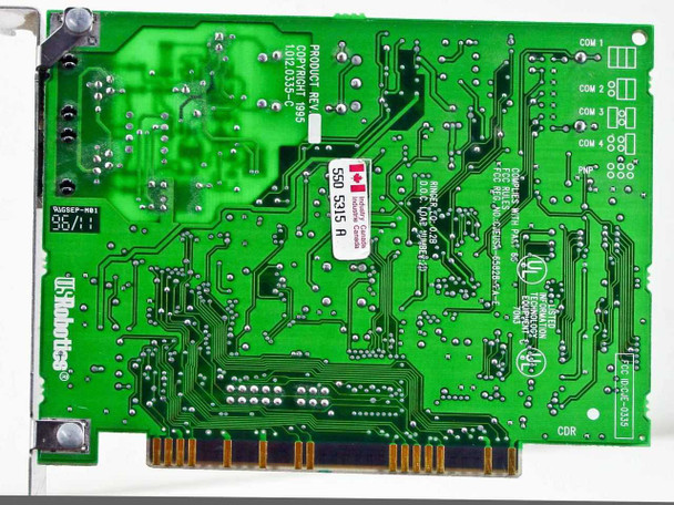 US Robotics Sportster 00084001 — PCB reverse side showing USRobotics silkscreen, product rev 1.012.0335-C P05, FCC/IC regulatory labels, and UL mark