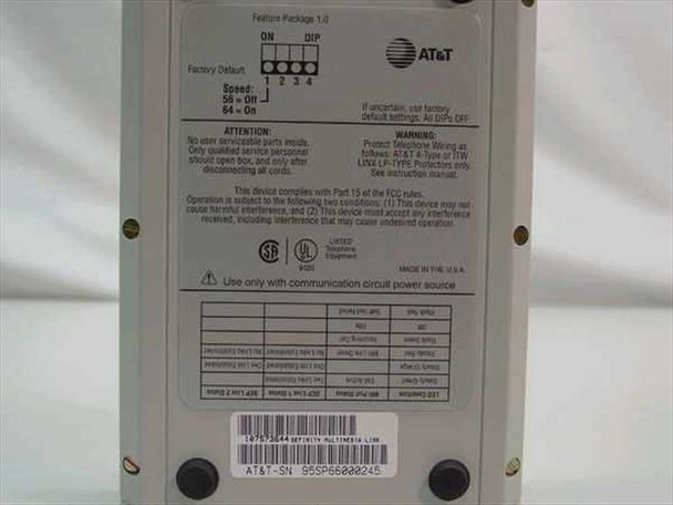 AT&T Definity Multimedia Link bottom label — Feature Package 1.0, factory DIP switch settings, FCC compliance, CSR/UL mark, Made in USA, and part number 107573644