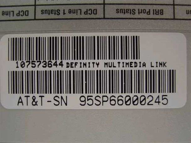 AT&T Definity Multimedia Link barcode label — part number 107573644, product name Definity Multimedia Link, and AT&T serial number 95SP66000245