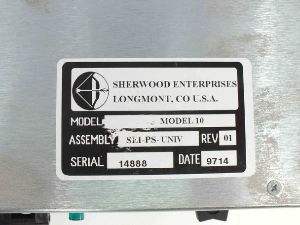 Sherwood Enterprises Model 10 nameplate label showing Assembly SEI-PS-UNIV Rev 01, Serial 14888, Date 9714, Longmont CO USA