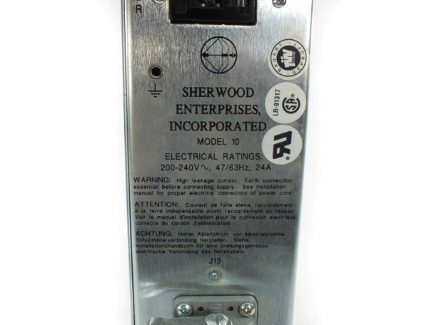 Sherwood Model 10 – electrical ratings label showing 200-240V, 47/63Hz, 24A and safety certification marks including UL and CSA