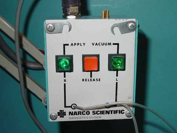 Narco Scientific vacuum control panel with APPLY VACUUM and RELEASE buttons, R and L green indicator lights, and orange Release button