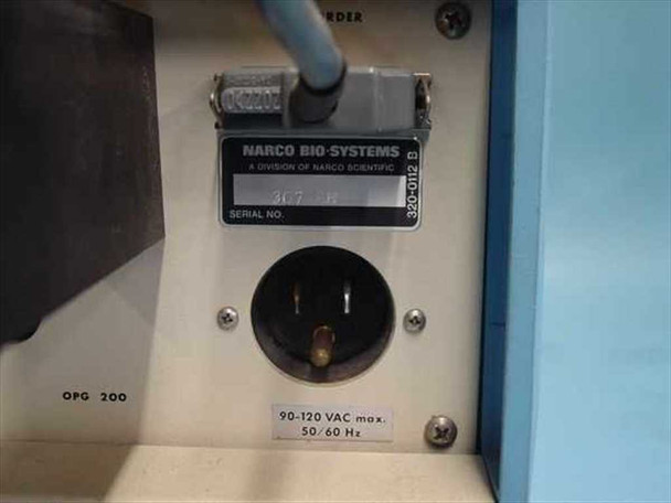 Narco Bio-Systems rating plate showing model 307 RH, part number 320-0119 B, serial number, and 90-120 VAC max 50/60 Hz power label with AC power inlet