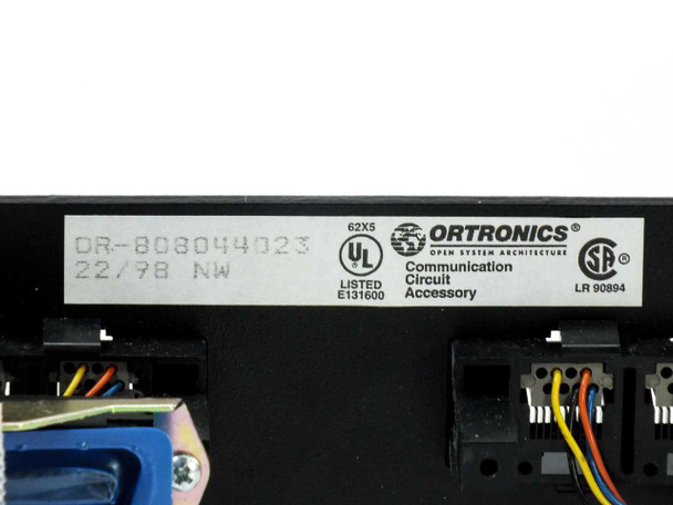 Ortronics OR-808044023 label closeup showing part number, date code 22/98, UL Listed E131600, and CSA LR 90894 certifications