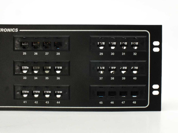 Ortronics OR-808044023 front panel right half — ports 25 through 48 with 4C/8P RJ-11 connectors in modular blocks