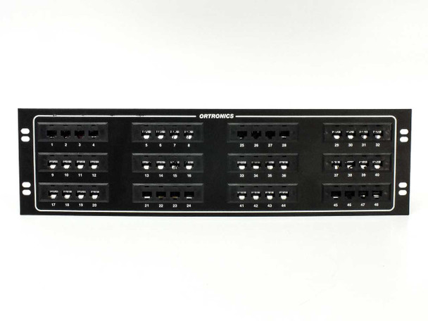 Ortronics OR-808044023 full front view — complete 48-port rackmount telco patch panel, straight-on perspective