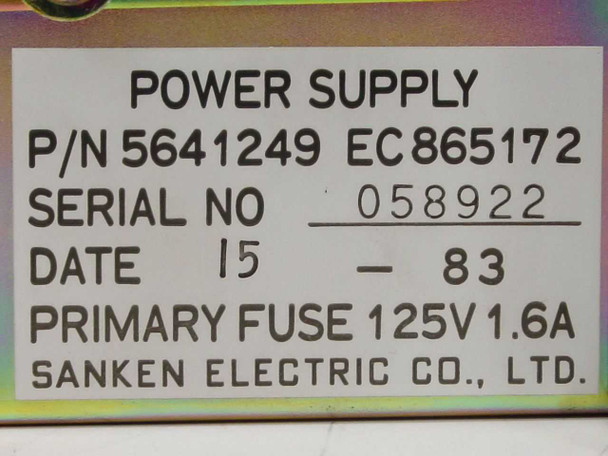 IBM 5641249 power supply label — shows P/N 5641249 EC865172, serial number, manufacture date 15-83, primary fuse 125V 1.6A, Sanken Electric Co. Ltd.