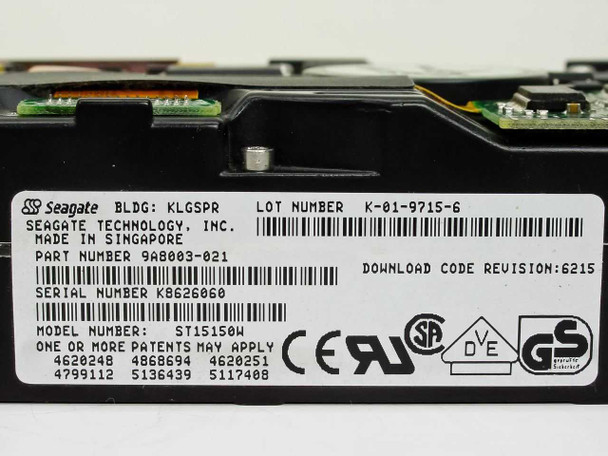 Seagate ST15150W drive label — shows Part Number 9A8003-021, Model ST15150W, Serial Number K8626060, Made in Singapore, Download Code Revision 6215