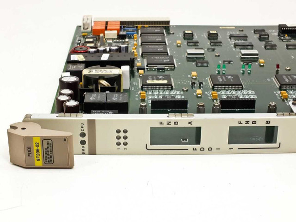 Cabletron 9F206-02 MMAC-Plus FDDI blade — close-up of front faceplate showing FDDI label, part number label, and two FPIM bay slots