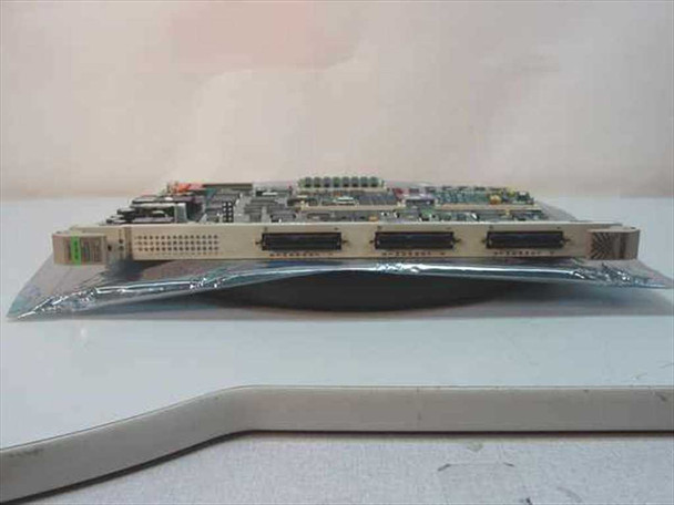 Cabletron 9E133-36 module side view showing four RJ21 Amphenol Champ connectors on rear bracket edge
