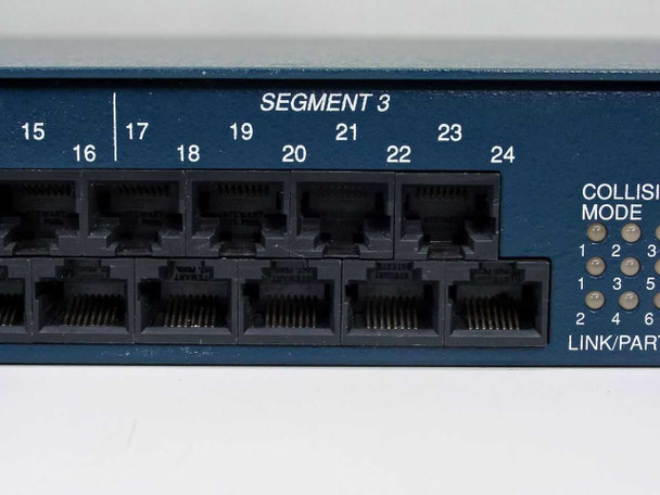 Ungermann-Bass STM24 front panel close-up — Segment 3 ports 15 through 24, Collision/Mode LEDs, Link/Partition status indicators