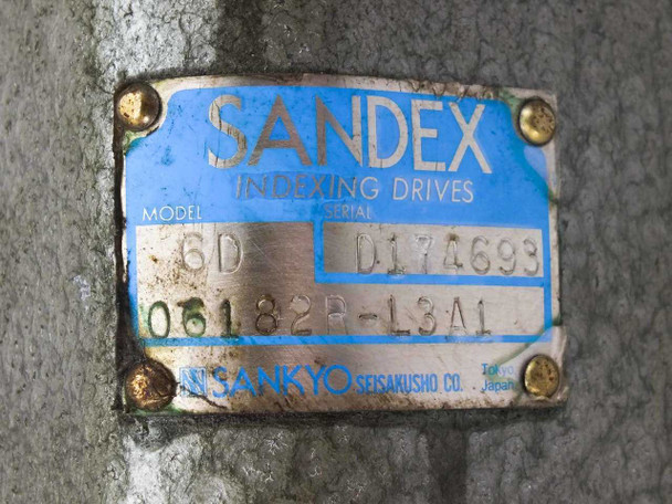 Sandex 6D nameplate closeup showing model 6D, serial D174693, part number 06182R-L3A1, and Sankyo Seisakusho Co. Japan