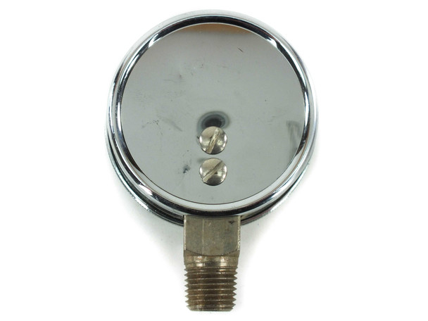 Marsh Instrument flow gauge, rear view showing chrome back case and two adjustment screws with bottom NPT fitting