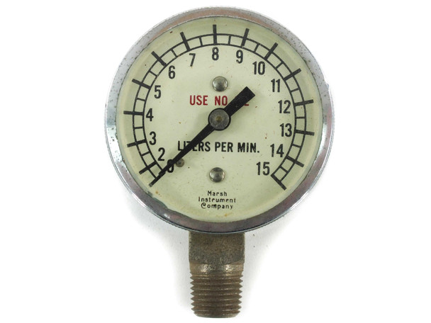 Marsh Instrument Company flow gauge, straight-on front view showing full 0-15 LPM dial scale and Marsh branding