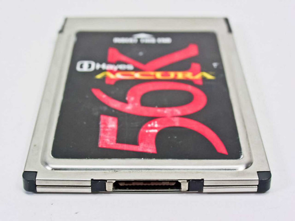 Hayes Accura 56840S 56K PC Card modem – bottom edge view showing RJ-11 phone line connector port