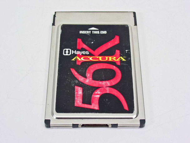 Hayes Accura 56K PCMCIA PC Card modem 56840S – front face showing Hayes Accura branding and 56K logo