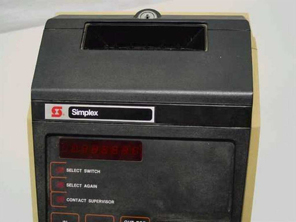 Simplex 1302 time clock – close-up of front control panel showing Simplex logo, red LED display, SELECT SWITCH, SELECT AGAIN, and CONTACT SUPERVISOR indicators