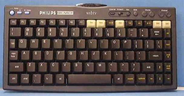 Philips Magnavox MWK122BK wireless infrared WebTV keyboard — top-down view showing full QWERTY layout, WebTV shortcut keys, and Philips Magnavox branding