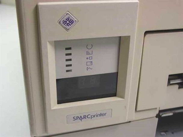 Sun QA-6 SPARCprinter front panel close-up showing SPARCprinter nameplate, Sun logo badge, and status indicator LCD display