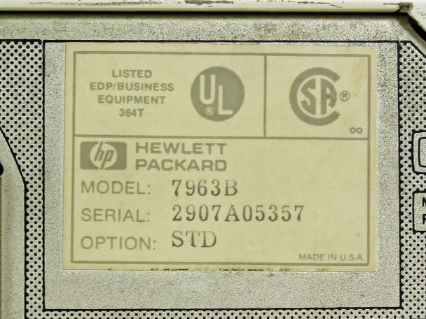 HP 7963B rear label close-up showing Model 7963B, Serial 2907A05357, Option STD, UL and CSA certifications, Made in USA