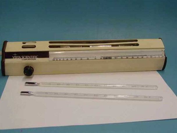 Vista Scientific 7840 Psychrometer front view showing Vista Scientific Corporation logo, adjustment knob, and scale with thermometers