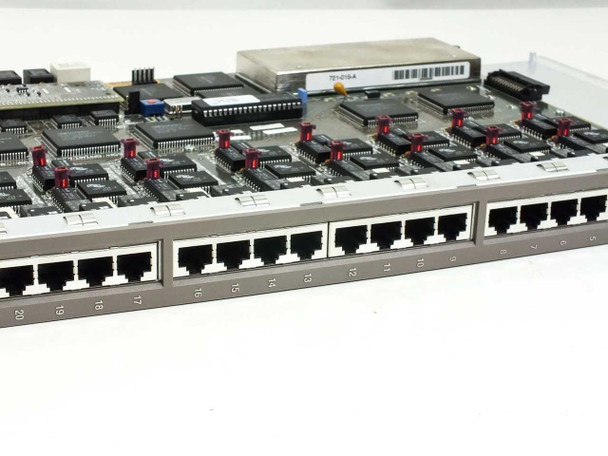 Bay Networks 5505P Token Ring module – close-up of 16 RJ-45 port row numbered along front edge with barcode label visible on sub-board