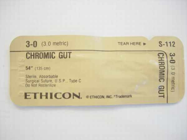 Ethicon S-112 Chromic Gut Absorbable Suture 3-0 sealed foil packet front label showing size and specifications