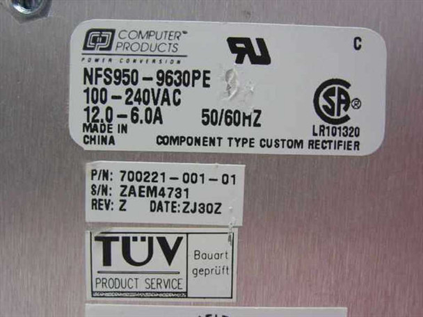 Computer Products NFS950-9630PE rating plate showing part number 700221-001-01, Rev Z, TUV and UL/CSA certifications