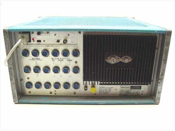 Honeywell 1858 Visicorder chart recorder rear panel — showing two rows of galvanometer input connectors (blue), power inlet, signal input terminals, and Honeywell rating label