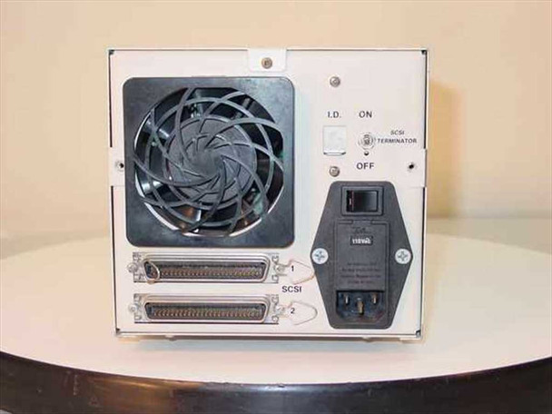 Unisys M610 External WORM Optical Disc Drive – rear panel view showing dual SCSI connectors, SCSI terminator ON/OFF switch, SCSI ID selector, cooling fan, and IEC AC power inlet