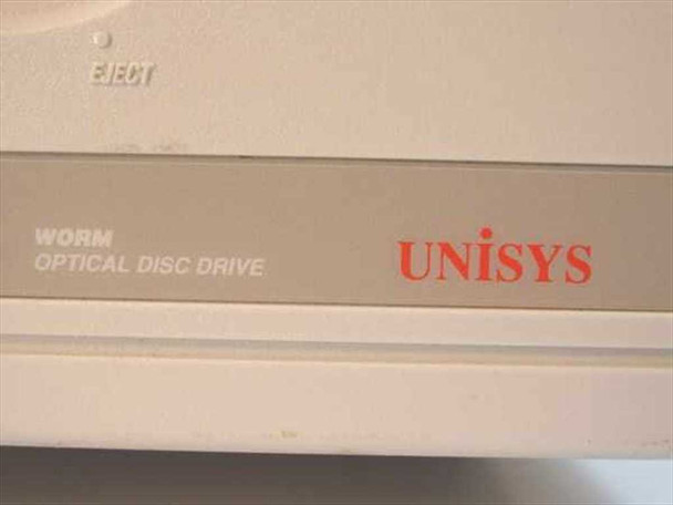 Unisys M610 WORM Optical Disc Drive – close-up of front panel label showing WORM Optical Disc Drive designation and Unisys logo with eject button