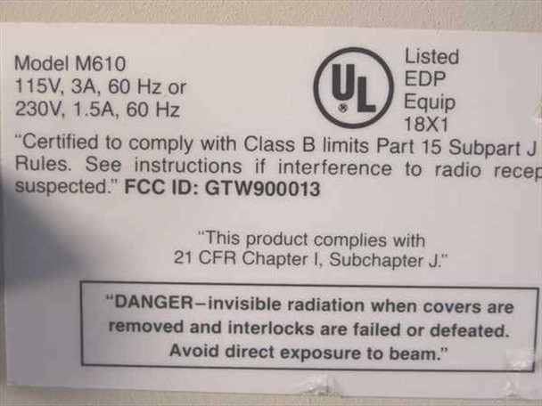 Unisys M610 rating plate label showing Model M610, 115V 3A 60Hz or 230V 1.5A 60Hz, UL Listed EDP Equip 18X1, FCC ID GTW900013