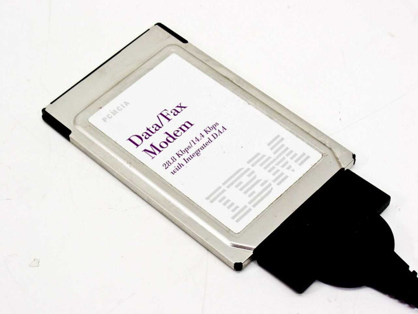 IBM PCMCIA Data/Fax Modem card front view showing '28.8 Kbps/14.4 Kbps with Integrated DAA' label and IBM logo with attached cable
