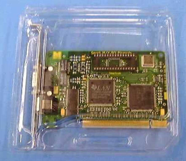 Madge 151-100-04S Smart 16/4 Ringnode PCI Token Ring network card — top view showing Texas Instruments main controller chip and PCI edge connector, card in clear anti-static clamshell tray
