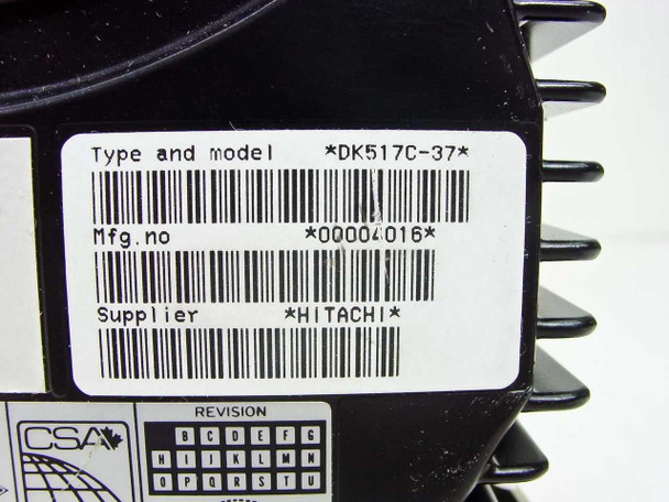 Hitachi DK517C-37 label closeup showing Type and Model DK517C-37, Mfg number 00004016, Supplier Hitachi, CSA certification, and revision matrix