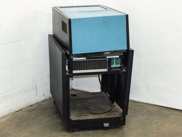 Datacraft 5208 Hawk 14-inch cartridge disc drive floor cabinet – three-quarter rear view with door open, drive unit visible on top and empty lower cabinet section