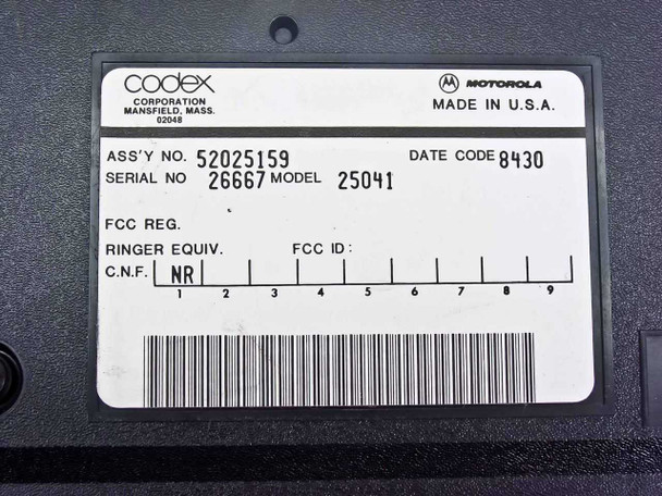 Codex 5202 bottom label showing Assembly No. 52025159, Serial No. 26667, Model 25041, Date Code 8430, made in USA