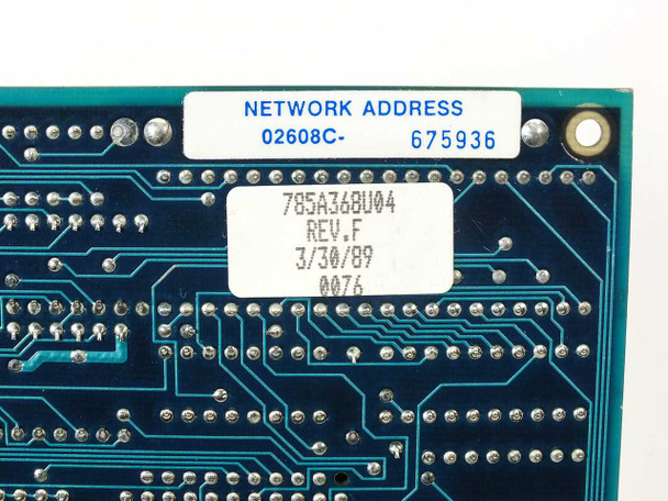 Tiara LanCard 785A368U04 – close-up of PCB label showing model 785A368U04, Rev F, date 3/30/89, and network address 02608C-675936